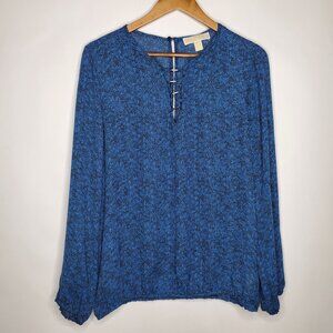Michael Kors Womens Blue Long Sleeve Animal Print Blouse Size L Keyhole Neckline